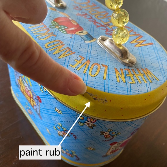 Mary Engelbreit Tin Sewing Box Beaded Handle Latch Box caddy crafts Love & Skill - Picture 7 of 9